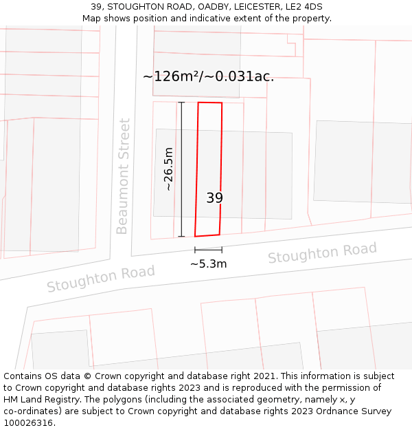 39, STOUGHTON ROAD, OADBY, LEICESTER, LE2 4DS: Plot and title map
