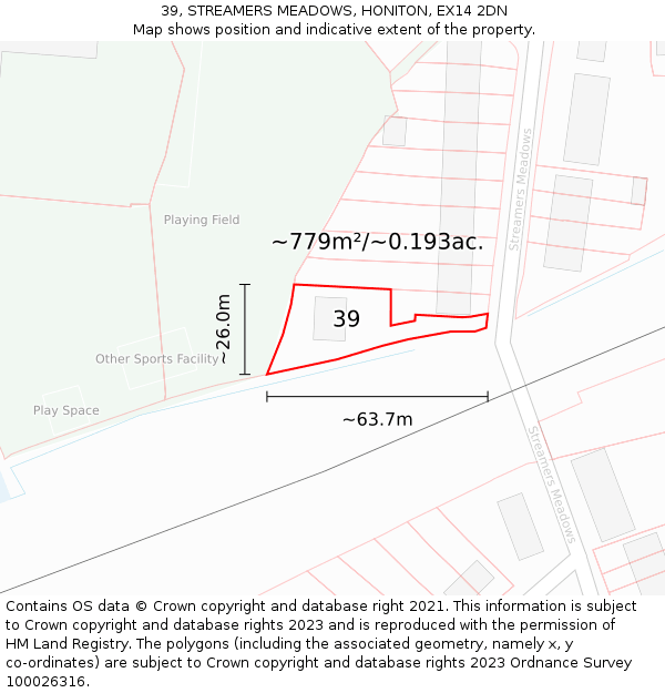 39, STREAMERS MEADOWS, HONITON, EX14 2DN: Plot and title map