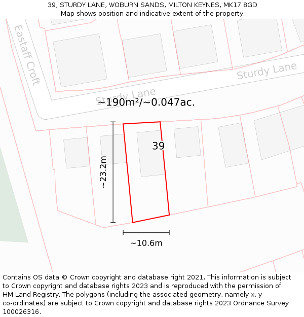 39, STURDY LANE, WOBURN SANDS, MILTON KEYNES, MK17 8GD: Plot and title map