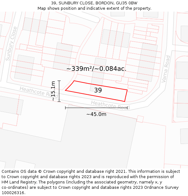 39, SUNBURY CLOSE, BORDON, GU35 0BW: Plot and title map