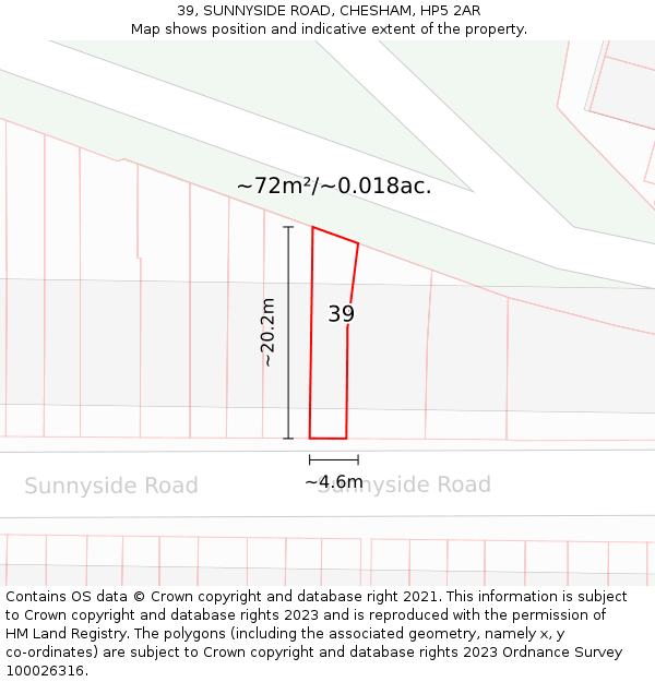 39, SUNNYSIDE ROAD, CHESHAM, HP5 2AR: Plot and title map