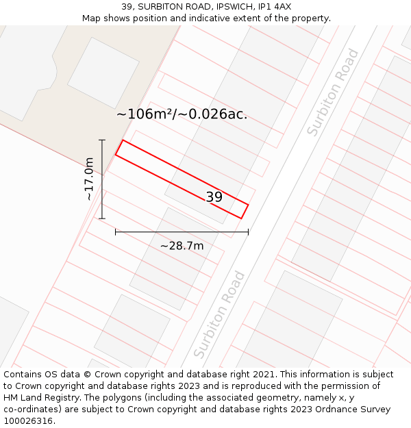 39, SURBITON ROAD, IPSWICH, IP1 4AX: Plot and title map
