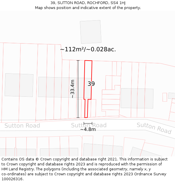 39, SUTTON ROAD, ROCHFORD, SS4 1HJ: Plot and title map