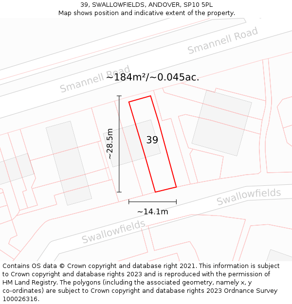 39, SWALLOWFIELDS, ANDOVER, SP10 5PL: Plot and title map