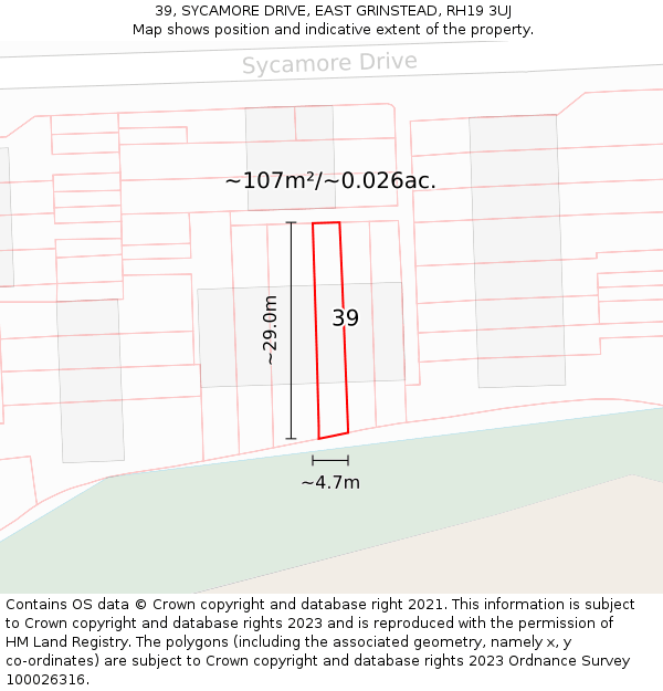 39, SYCAMORE DRIVE, EAST GRINSTEAD, RH19 3UJ: Plot and title map