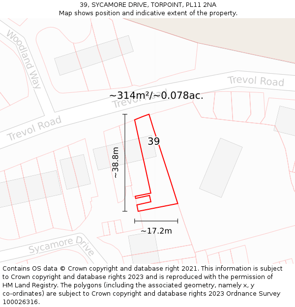 39, SYCAMORE DRIVE, TORPOINT, PL11 2NA: Plot and title map