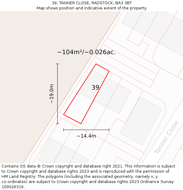 39, TANNER CLOSE, RADSTOCK, BA3 3BT: Plot and title map