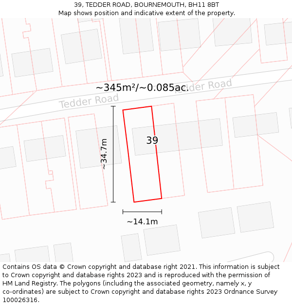 39, TEDDER ROAD, BOURNEMOUTH, BH11 8BT: Plot and title map