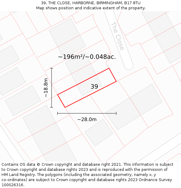 39, THE CLOSE, HARBORNE, BIRMINGHAM, B17 8TU: Plot and title map