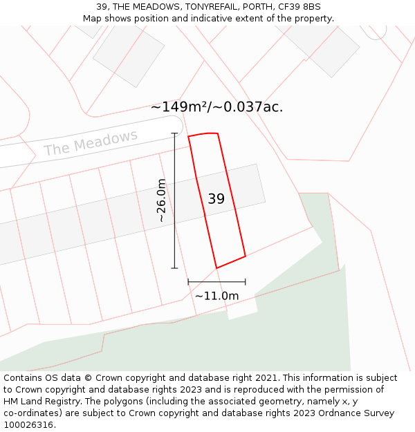39, THE MEADOWS, TONYREFAIL, PORTH, CF39 8BS: Plot and title map