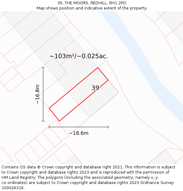 39, THE MOORS, REDHILL, RH1 2PD: Plot and title map