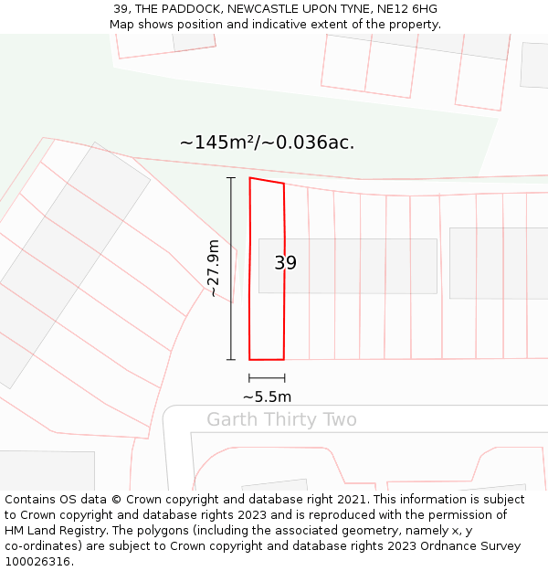 39, THE PADDOCK, NEWCASTLE UPON TYNE, NE12 6HG: Plot and title map