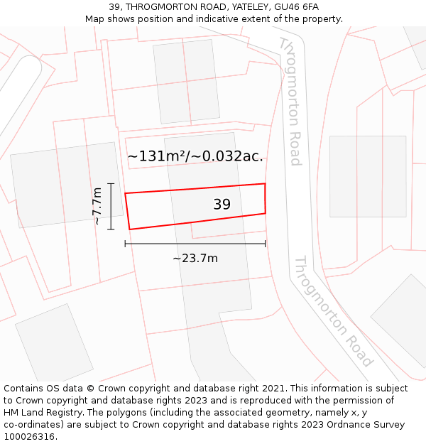 39, THROGMORTON ROAD, YATELEY, GU46 6FA: Plot and title map