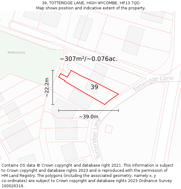 39, TOTTERIDGE LANE, HIGH WYCOMBE, HP13 7QD: Plot and title map