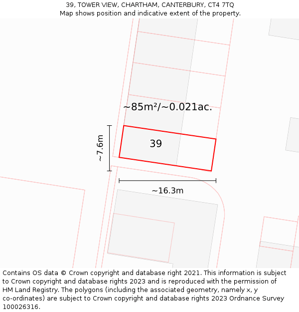 39, TOWER VIEW, CHARTHAM, CANTERBURY, CT4 7TQ: Plot and title map