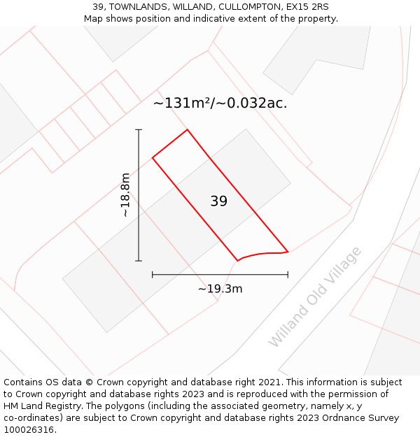 39, TOWNLANDS, WILLAND, CULLOMPTON, EX15 2RS: Plot and title map