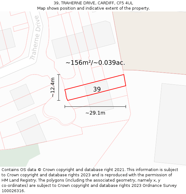 39, TRAHERNE DRIVE, CARDIFF, CF5 4UL: Plot and title map