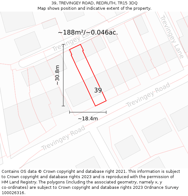 39, TREVINGEY ROAD, REDRUTH, TR15 3DQ: Plot and title map