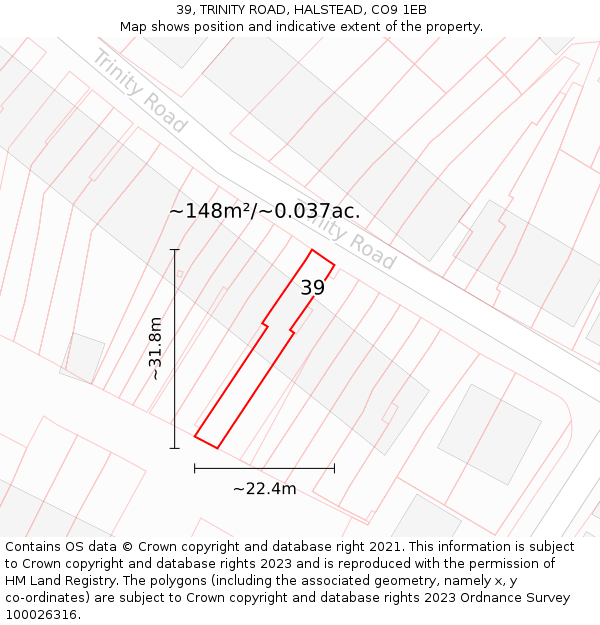 39, TRINITY ROAD, HALSTEAD, CO9 1EB: Plot and title map