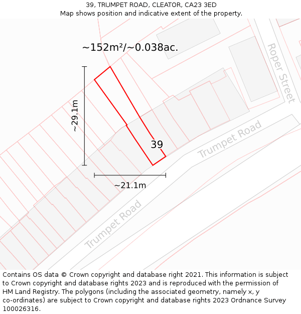 39, TRUMPET ROAD, CLEATOR, CA23 3ED: Plot and title map