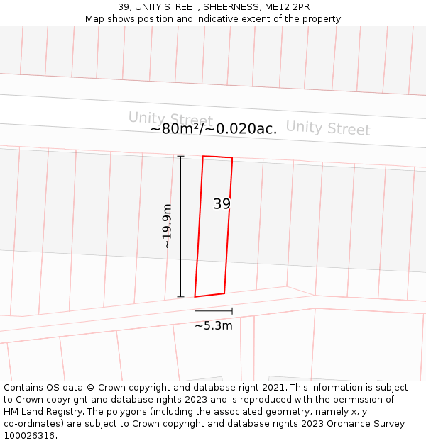 39, UNITY STREET, SHEERNESS, ME12 2PR: Plot and title map