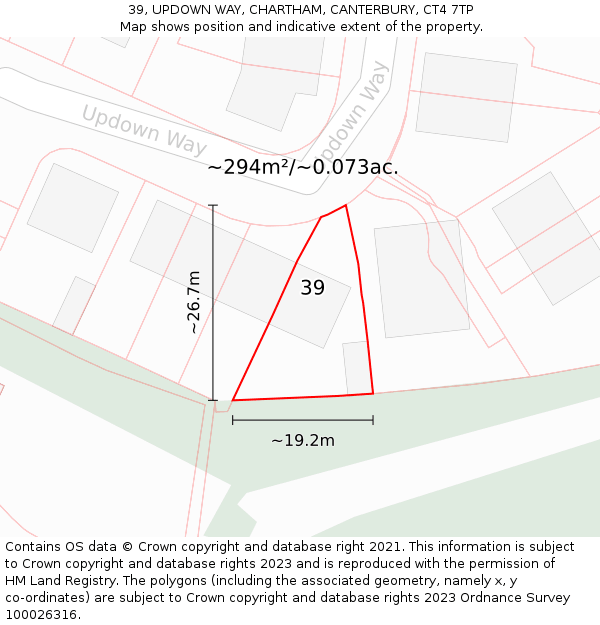39, UPDOWN WAY, CHARTHAM, CANTERBURY, CT4 7TP: Plot and title map