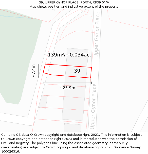 39, UPPER GYNOR PLACE, PORTH, CF39 0NW: Plot and title map
