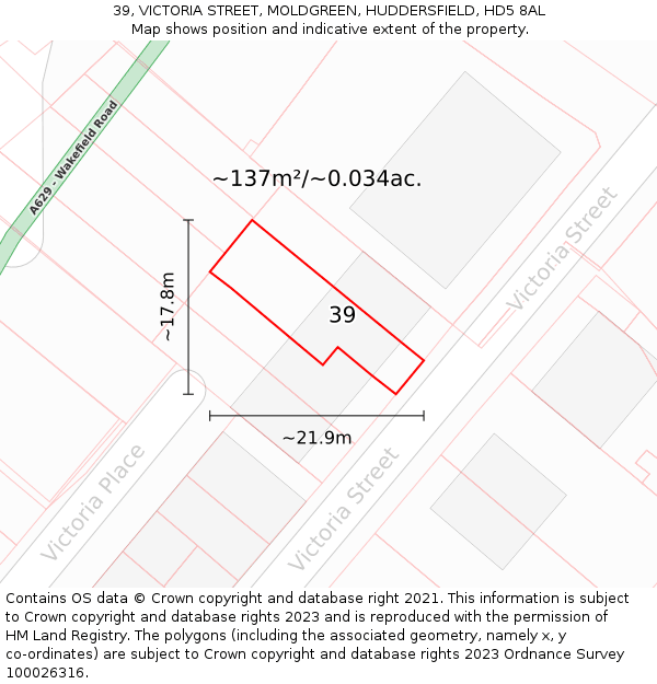 39, VICTORIA STREET, MOLDGREEN, HUDDERSFIELD, HD5 8AL: Plot and title map