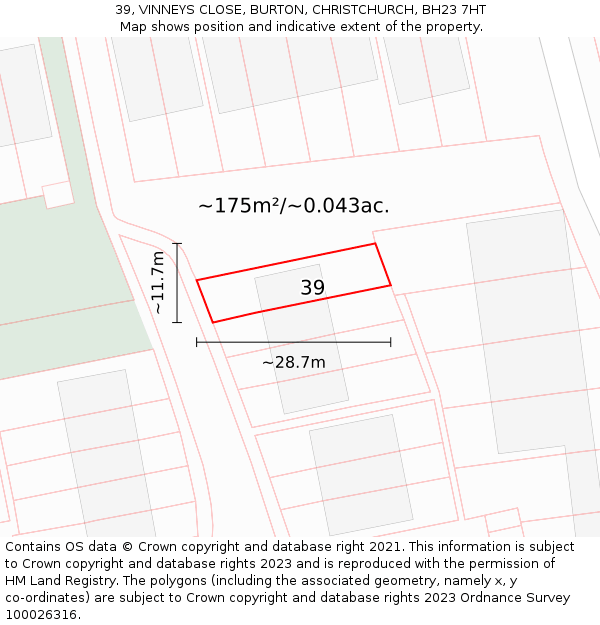 39, VINNEYS CLOSE, BURTON, CHRISTCHURCH, BH23 7HT: Plot and title map