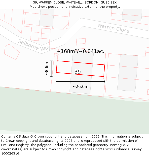 39, WARREN CLOSE, WHITEHILL, BORDON, GU35 9EX: Plot and title map