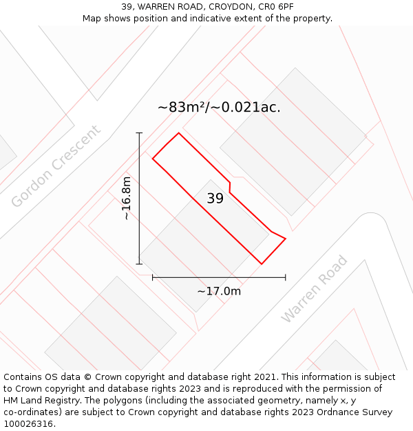 39, WARREN ROAD, CROYDON, CR0 6PF: Plot and title map
