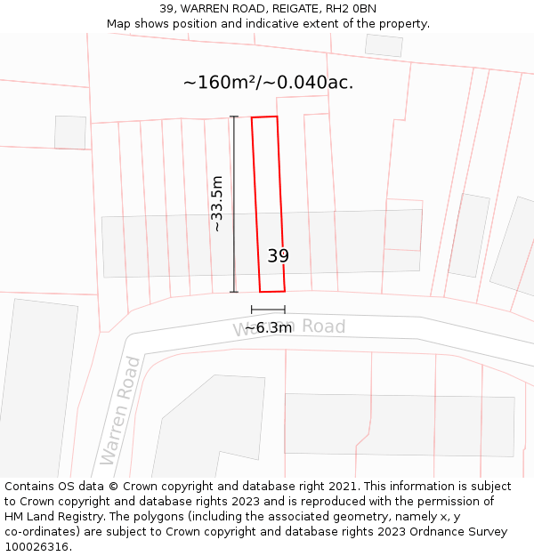 39, WARREN ROAD, REIGATE, RH2 0BN: Plot and title map