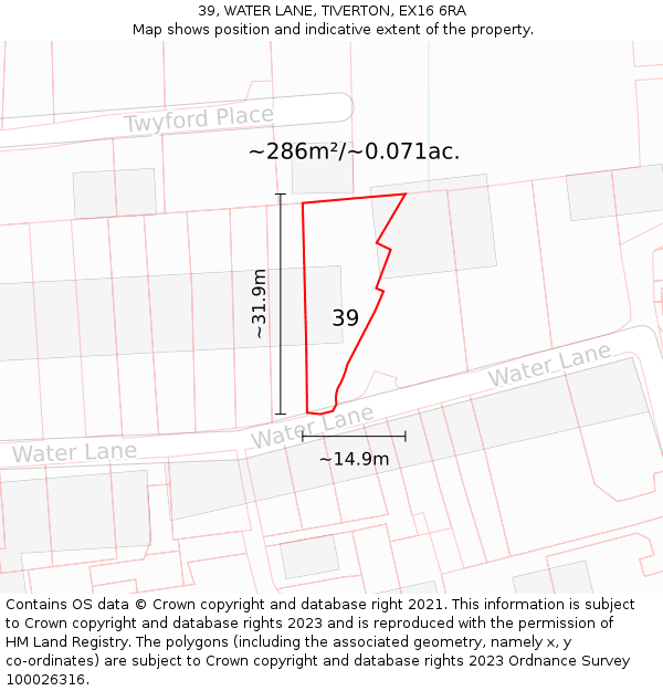 39, WATER LANE, TIVERTON, EX16 6RA: Plot and title map