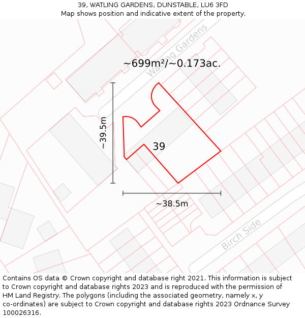 39, WATLING GARDENS, DUNSTABLE, LU6 3FD: Plot and title map