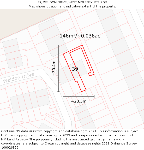 39, WELDON DRIVE, WEST MOLESEY, KT8 2QR: Plot and title map