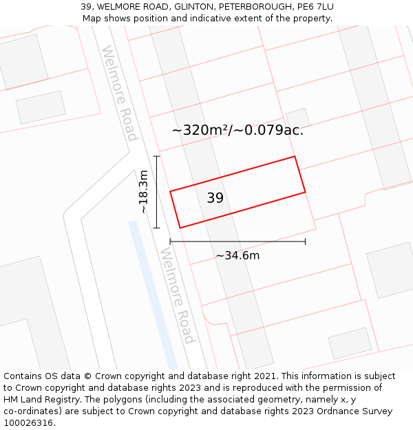 39, WELMORE ROAD, GLINTON, PETERBOROUGH, PE6 7LU: Plot and title map