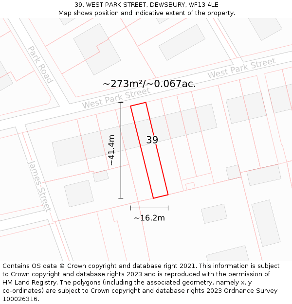 39, WEST PARK STREET, DEWSBURY, WF13 4LE: Plot and title map