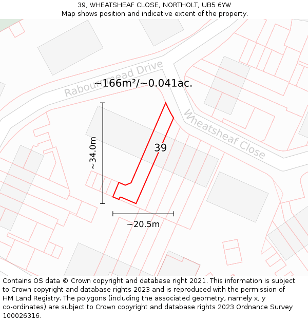 39, WHEATSHEAF CLOSE, NORTHOLT, UB5 6YW: Plot and title map