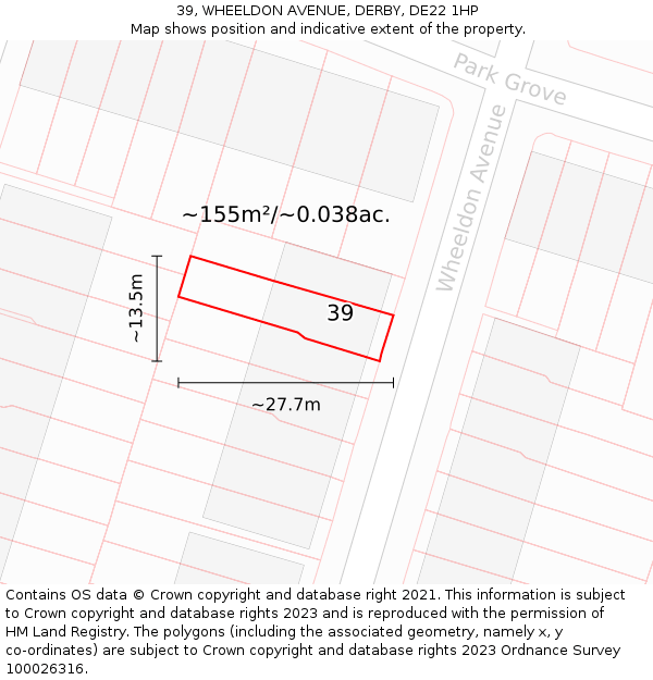 39, WHEELDON AVENUE, DERBY, DE22 1HP: Plot and title map