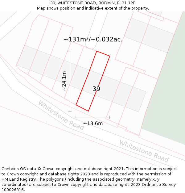 39, WHITESTONE ROAD, BODMIN, PL31 1PE: Plot and title map