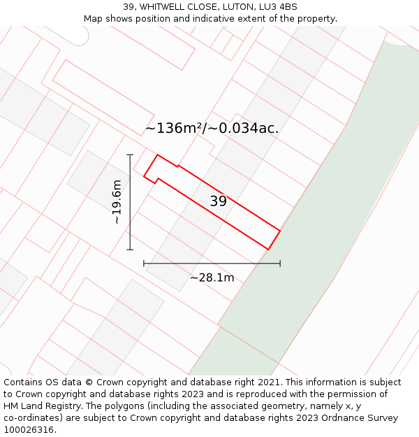39, WHITWELL CLOSE, LUTON, LU3 4BS: Plot and title map