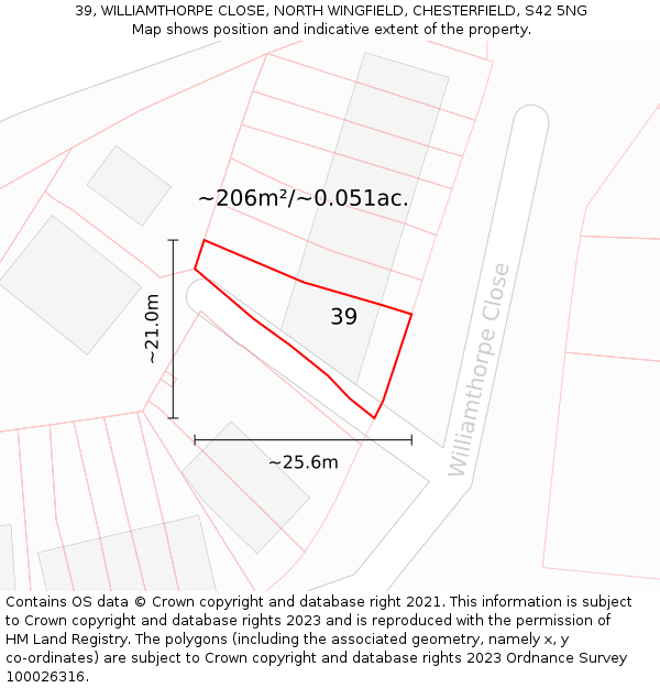 39, WILLIAMTHORPE CLOSE, NORTH WINGFIELD, CHESTERFIELD, S42 5NG: Plot and title map