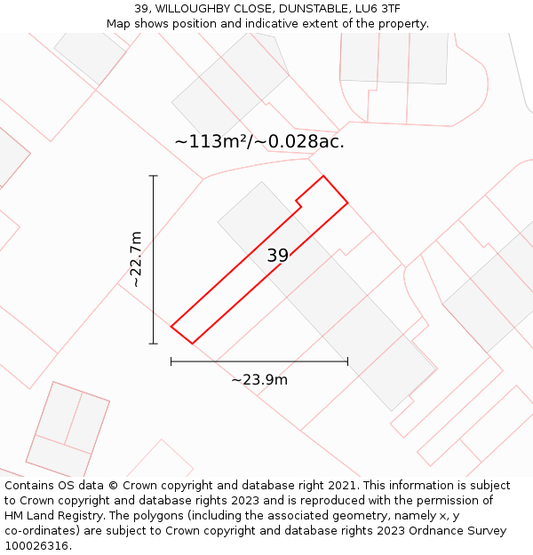 39, WILLOUGHBY CLOSE, DUNSTABLE, LU6 3TF: Plot and title map