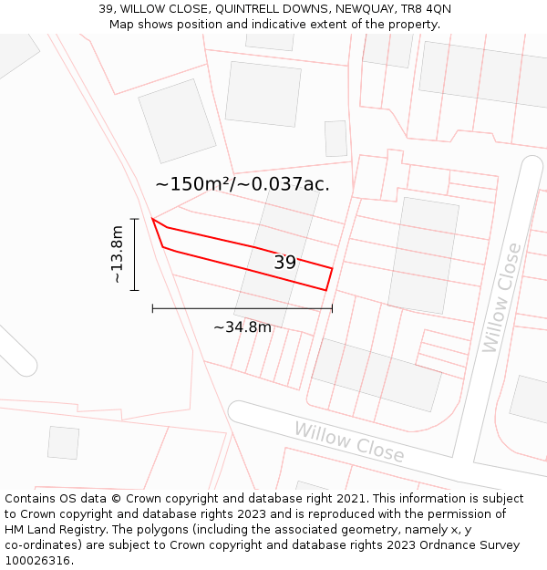 39, WILLOW CLOSE, QUINTRELL DOWNS, NEWQUAY, TR8 4QN: Plot and title map