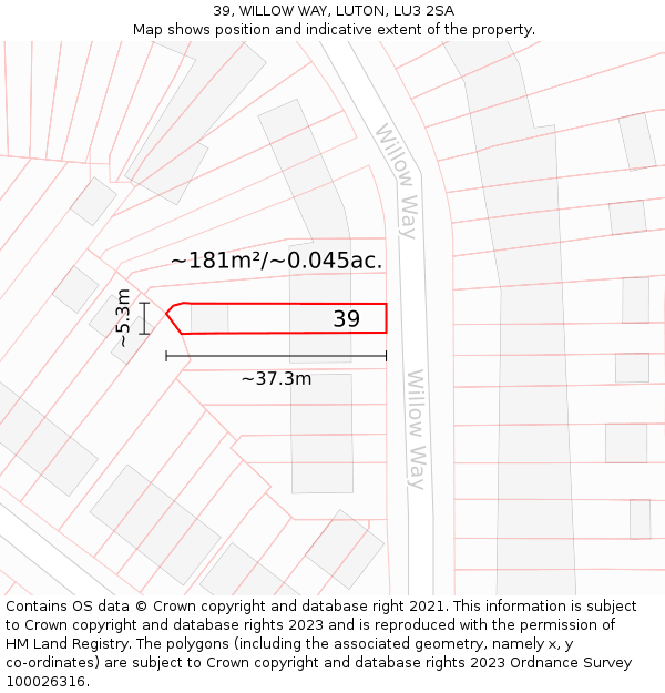 39, WILLOW WAY, LUTON, LU3 2SA: Plot and title map