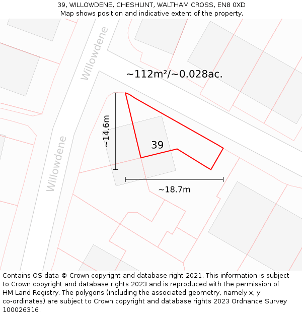 39, WILLOWDENE, CHESHUNT, WALTHAM CROSS, EN8 0XD: Plot and title map