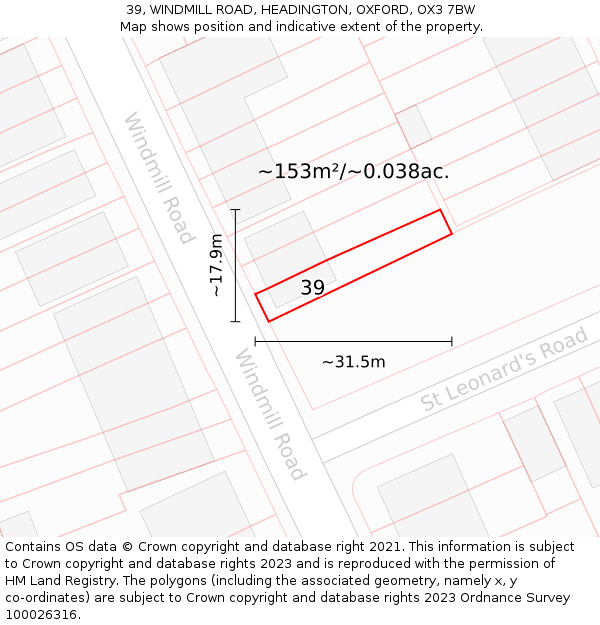 39, WINDMILL ROAD, HEADINGTON, OXFORD, OX3 7BW: Plot and title map