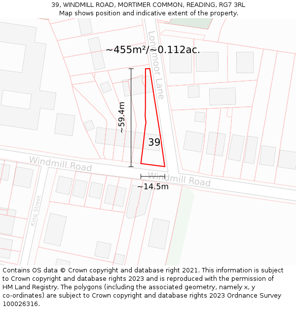 39, WINDMILL ROAD, MORTIMER COMMON, READING, RG7 3RL: Plot and title map
