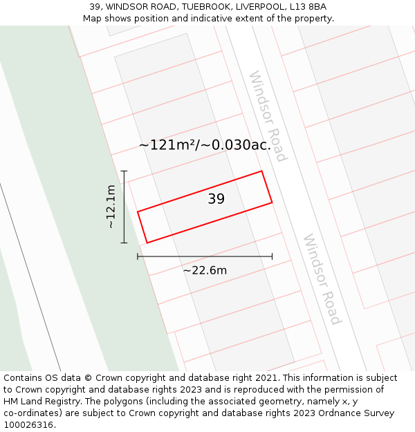 39, WINDSOR ROAD, TUEBROOK, LIVERPOOL, L13 8BA: Plot and title map