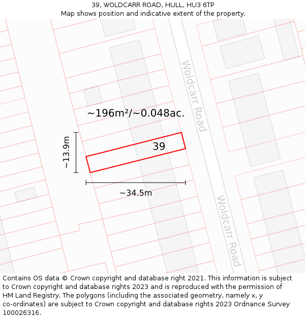39, WOLDCARR ROAD, HULL, HU3 6TP: Plot and title map
